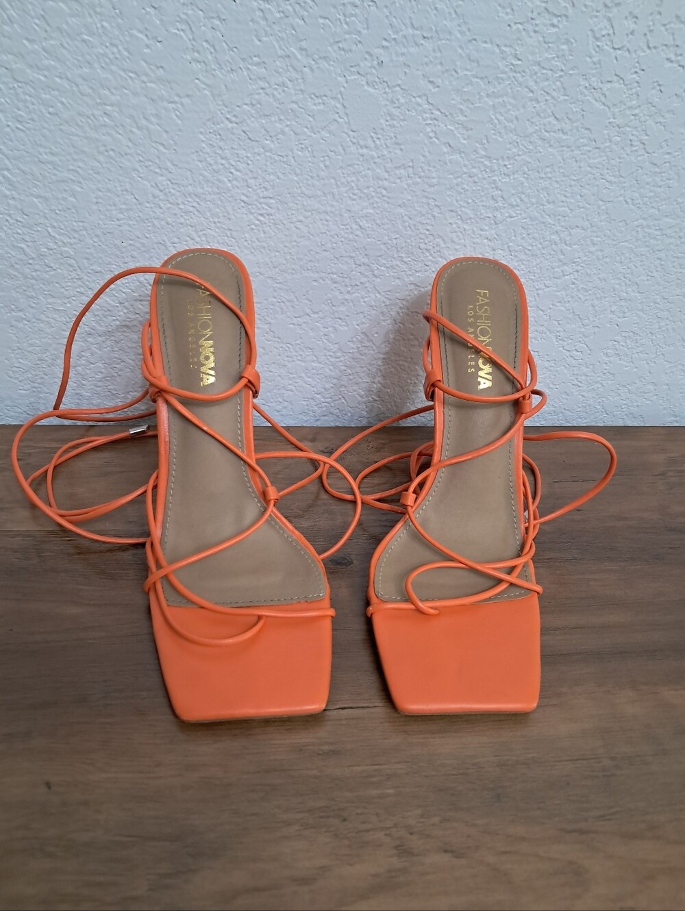 Fashion Nova Sz 10 Feel The Vibe Lace Up Heels Sunbathe Orange Square Toe Sexy